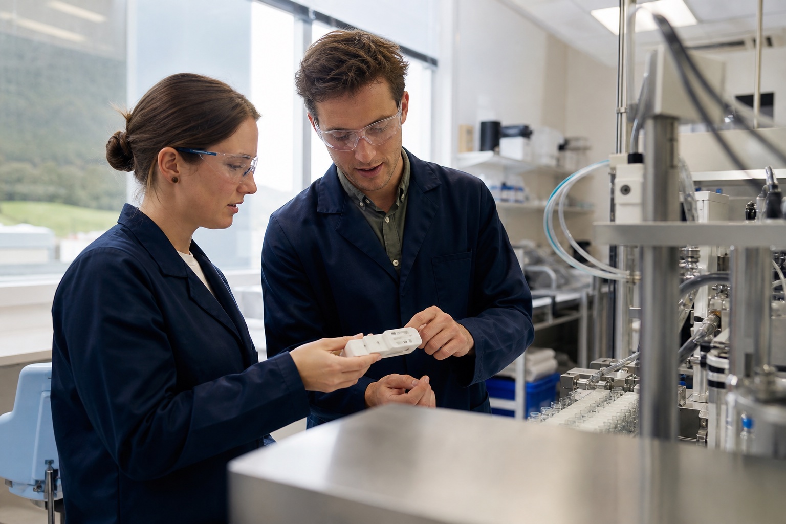 A biotechnology team reviewing a product in a New Zealand pilot laboratory